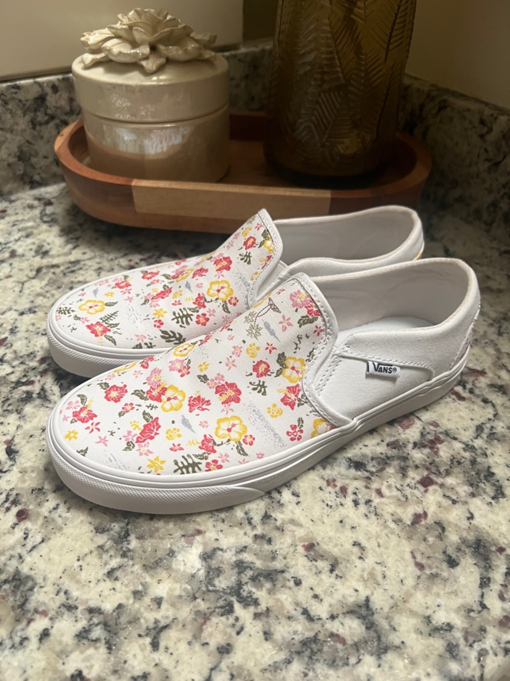 Vans White Slip-On Sneakers with Pink, Yellow & Green Floral Print